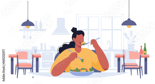 Woman enjoying a healthy salad in her kitchen - perfect for a food blog or healthy eating campaign.