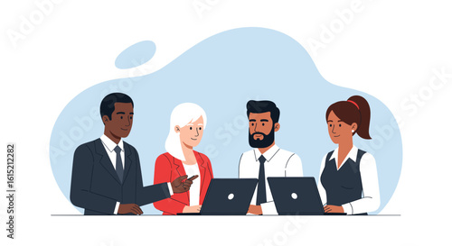 Diverse business team collaborating on laptops, ideal for website banners or presentations.