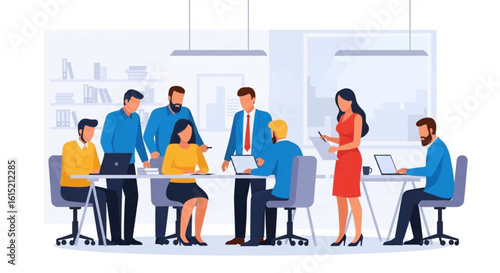 Diverse business team collaborating in modern office, ideal for website banners or presentations.