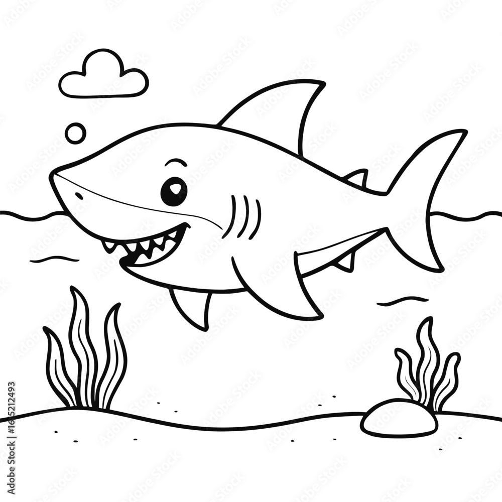 Fototapeta premium Friendly Cartoon Shark in Ocean Coloring Page