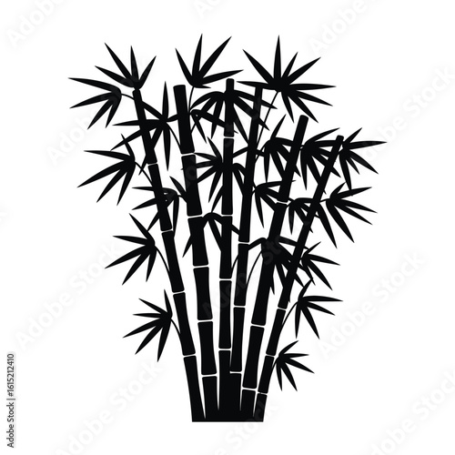 Black silhouette of a bamboo grove. Minimalist vector illustration of Asian plant stalks and leaves on a white background.