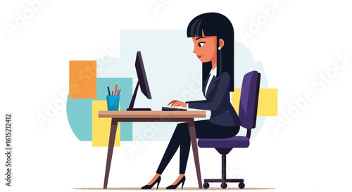 Businesswoman working on computer, perfect for website banners, presentations or marketing materials.