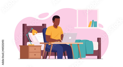 Man working from home on laptop in bedroom - perfect for blog, website or article about remote work.