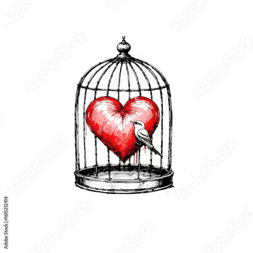 A heart in a birdcage with a bird illustration