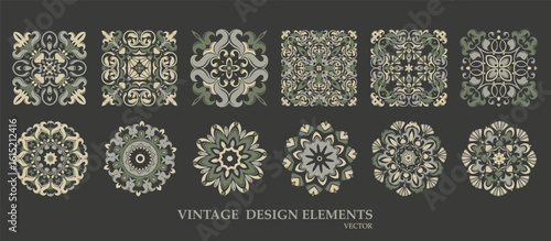 Vector. Detailed vintage ornaments with floral and geometric motifs in calm natural colors. Universal for prints, textiles, web design and packaging.