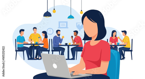 Woman working on laptop in a cafe, surrounded by people enjoying coffee. Ideal for blog posts, website banners, and social media.