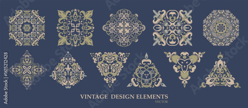 Vector. Collection of vintage ornaments with exquisite baroque pattern, made in creamy beige and blue tones. Suitable for decoration, tattoo, logos, prints, packaging and templates.