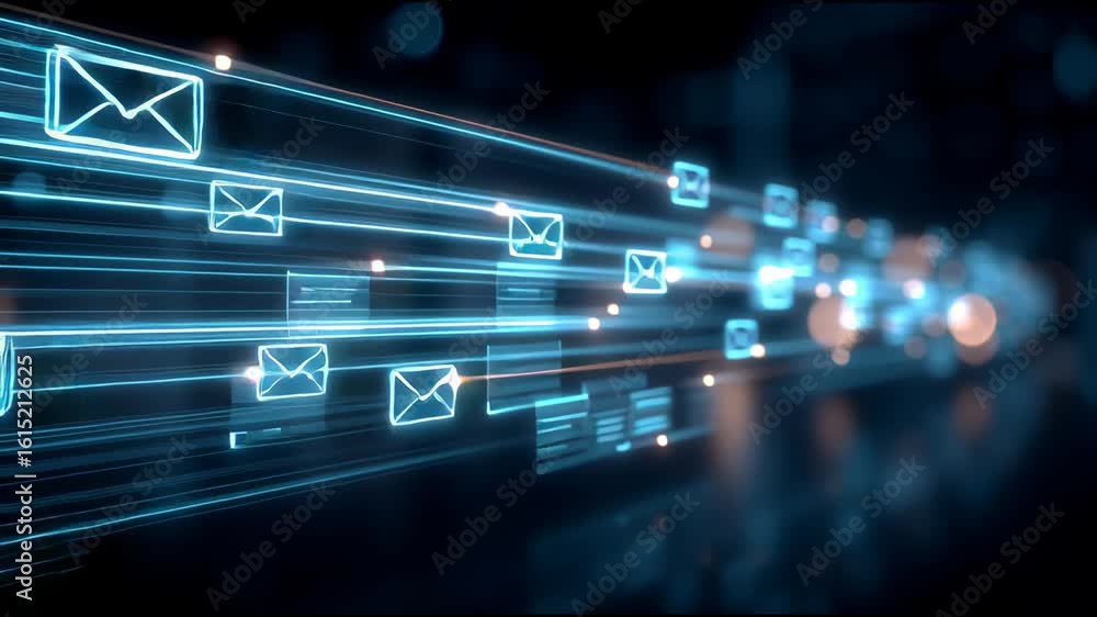 A digital inbox interface floats in a dark, futuristic environment. High quality 4k footage