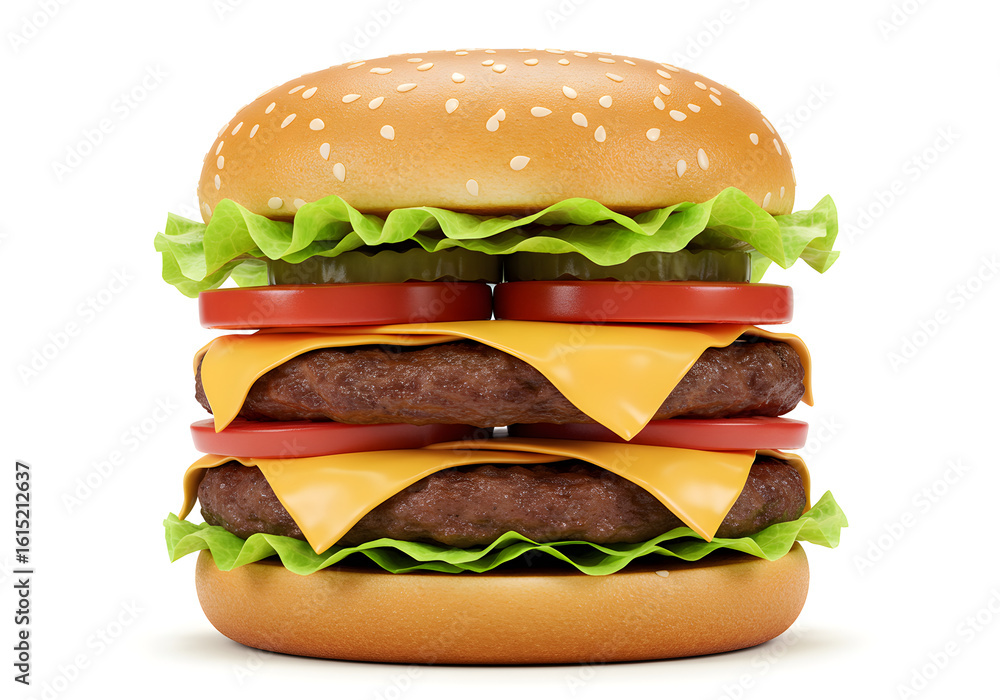 Double Cheeseburger with Lettuce, Tomato and Pickles on a Sesame Seed Bun | Delicious Fast Food for Restaurant Menus, Advertising, and Social Media Marketing Double Cheeseburger with Lettuce, Tomato and Pickles on a Sesame Seed Bun | Delicious Fast Food for Restaurant Menus, Advertising, and Social Media Marketing