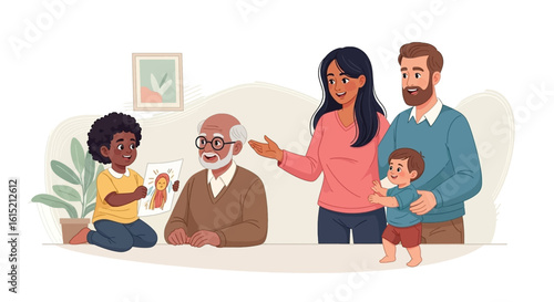Multigenerational family sharing a heartwarming moment, ideal for family-themed websites, blogs, or brochures.