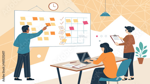 Teamwork and Project Planning: Diverse team collaborating on a project using sticky notes and laptop, perfect for project management or teamwork presentations.