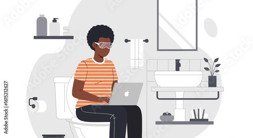 Man working on laptop in bathroom, illustration for blog post or article about remote work.
