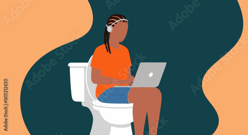 Person working on laptop while sitting on toilet, illustration for blog post or social media.