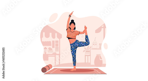 Woman practicing Natarajasana yoga pose, perfect for wellness websites, yoga studios, or fitness blogs.