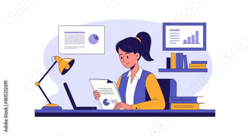 Businesswoman reviewing documents at her desk, perfect for websites, blogs, or presentations on productivity and success.