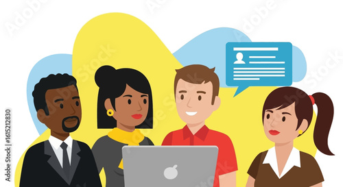 Diverse team collaborating on a laptop, ideal for websites and presentations on teamwork, diversity, and technology.