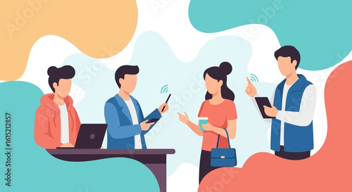 Modern illustration of young professionals using technology, perfect for websites or brochures promoting tech, communication, or teamwork.