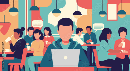 Man working on laptop in a busy cafe, perfect for illustrating remote work, coworking spaces, or the digital nomad lifestyle.