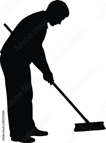 Man Sweeping Floor Silhouette: Depicting Cleaning, Maintenance, and Hard Work, Ideal for Household Chores, Janitorial Services, or Labor Themes.