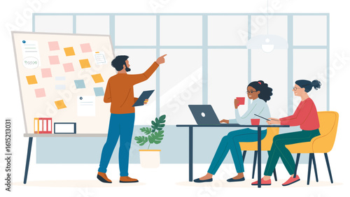 Diverse team brainstorming ideas on a whiteboard in a modern office. Perfect for website banners, presentations, or marketing materials.