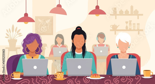 Diverse women working on laptops in a modern cafe, ideal for website banners or marketing materials.