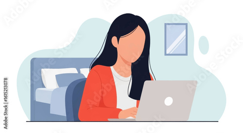 Woman working on laptop in bedroom - perfect for website banners, blog posts, or social media.