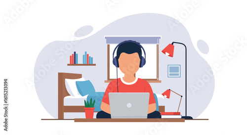 Person working from home on laptop, wearing headphones. Ideal for blogs about remote work, productivity, or online learning.