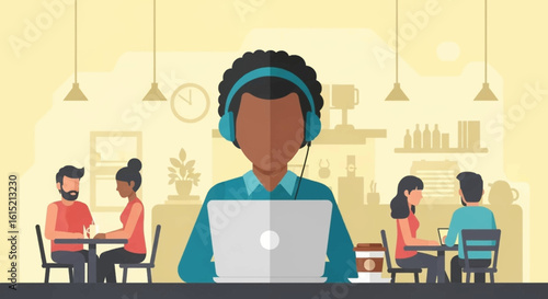 Person working on laptop in a cafe, ideal for illustrating remote work, coworking spaces, or freelance lifestyles.