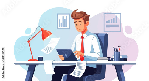Businessman working on tablet at his desk, perfect for websites, presentations, and marketing materials.