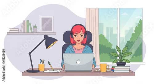 Young woman working from home on laptop, ideal for remote work, freelance, and work-life balance concepts.