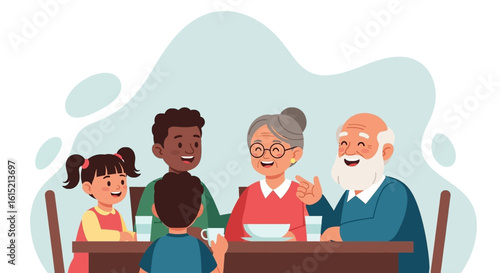 Happy multigenerational family enjoying a meal together, perfect for family, togetherness, and generational themes.