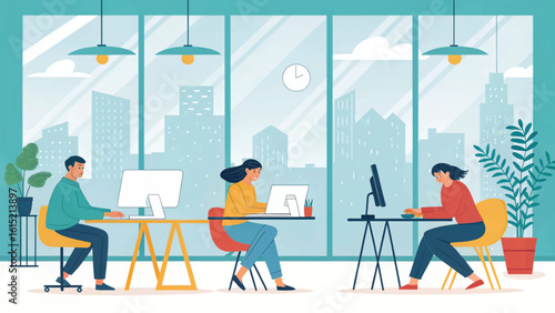 Modern Coworking Space Illustration: Perfect for website banners, brochures, or presentations showcasing a collaborative and productive work environment.
