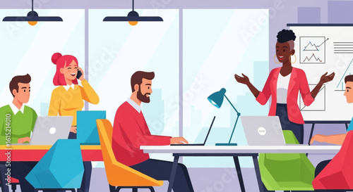 Diverse team collaborating in modern office, ideal for website banners or business presentations.