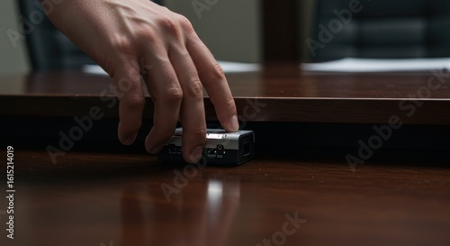 Activating a digital voice recorder on a polished conference table for note taking