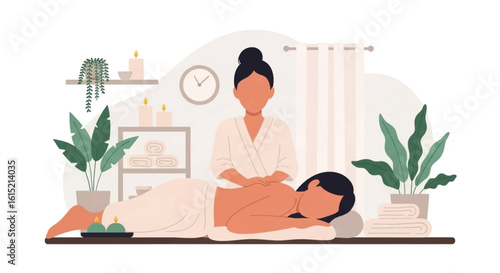 Spa treatment illustration: Woman receiving back massage in serene setting. Perfect for wellness brochures, websites, and social media.