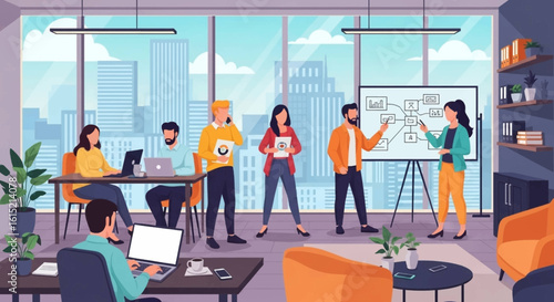 Diverse team brainstorming in modern office, ideal for business presentations and website landing pages.