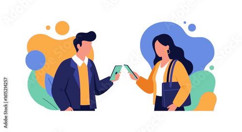 Modern illustration of two business professionals exchanging digital information via smartphones, ideal for website banners or app marketing.