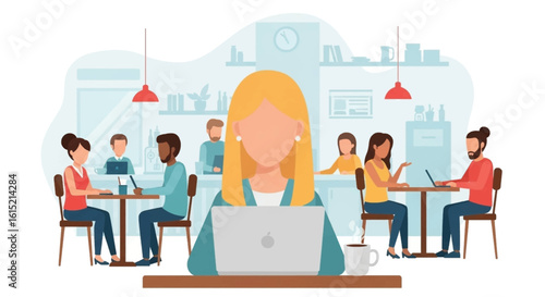 Diverse team of coworkers collaborating in a modern co-working space or cafe, ideal for websites and presentations.