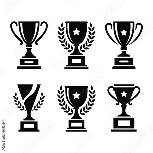 Collection of black trophy cup vector icons. Set of champion award silhouettes with stars and laurels for victory and competition.
