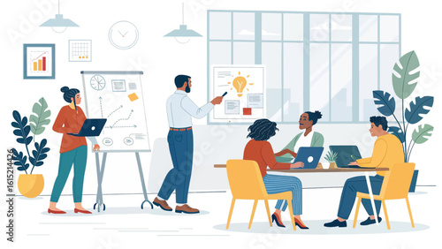 Diverse team brainstorming and collaborating in a modern office, perfect for website landing pages or presentations.