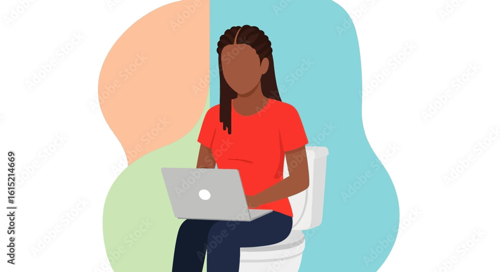 Woman working on laptop while sitting on toilet - modern illustration for blog, article or social media. Woman working on laptop while sitting on toilet - modern illustration for blog, article or social media.