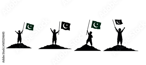 Pakistani Boy Waving Flag Silhouette Vector on Hill – 14 August Independence Day Celebration


