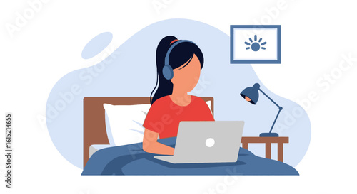 Woman working on laptop in bed, perfect for illustrating work-life balance or remote work articles.