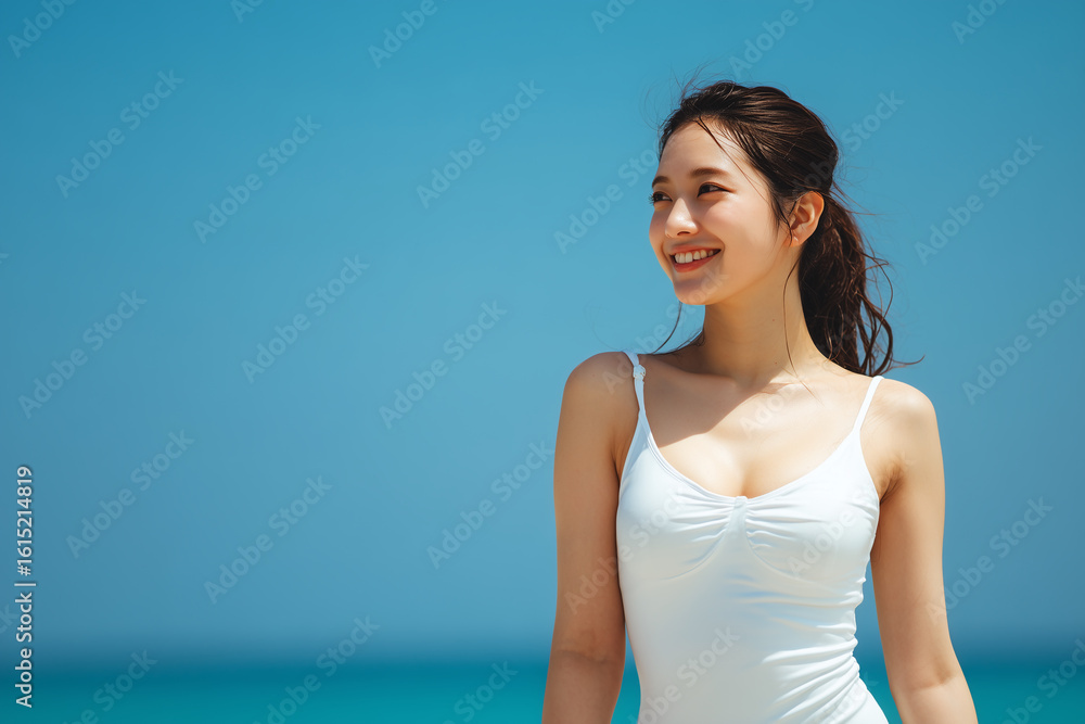 Smiling Japanese woman in white top on tropical beach
Smiling Japanese woman in white top on tropical beach