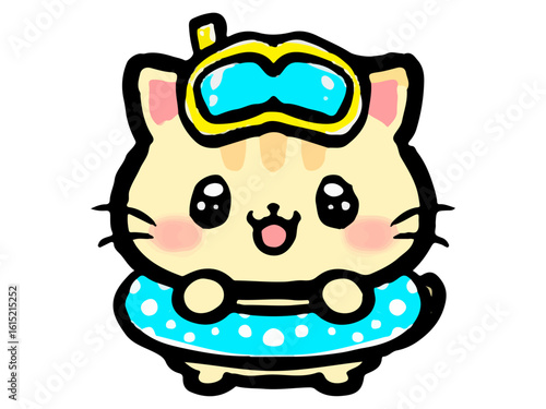 浮き輪をつけたかわいいトラ猫の落書き風イラスト素材2