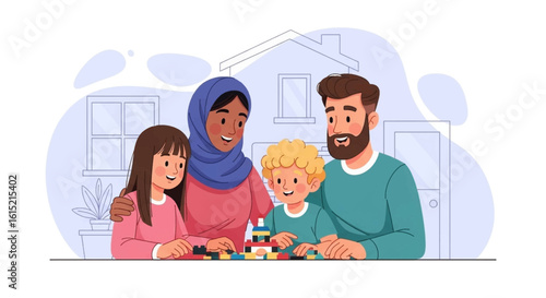 Happy diverse family playing with building blocks at home. Perfect for family blogs, parenting websites, or children's product advertising.