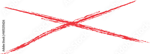 Red hand-drawn X mark made with rough crayon texture. Grunge cross symbol isolated on white background for error, cancel, or warning signs. Sketchy scribble element for graphic design.