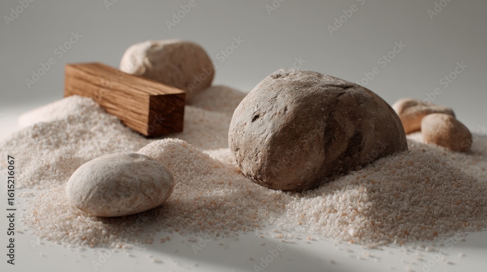 Fototapeta premium Stones and sand displayed in natural minimal scene calm zen concept earth tone background styling tranquility