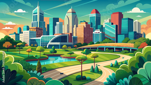 In Charlotte, North Carolina, the skyline rises beside green parks and curving roads. Semi-realistic vector details highlight balance between nature, architecture, and southern charm.