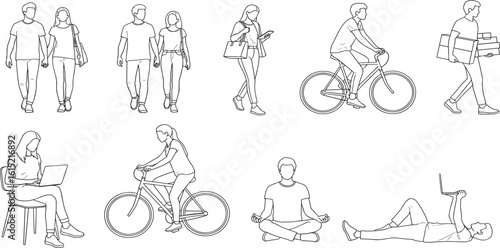 CAD Drawing. Vector illustration of men, women, standing walking talking in front back and side view. Symbol for architecture and landscape design drawing